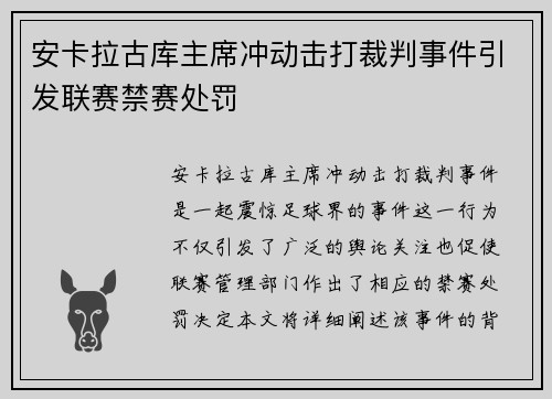 安卡拉古库主席冲动击打裁判事件引发联赛禁赛处罚